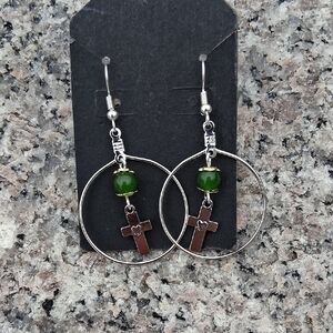 Silver and Jade Cross Hoop Earrings